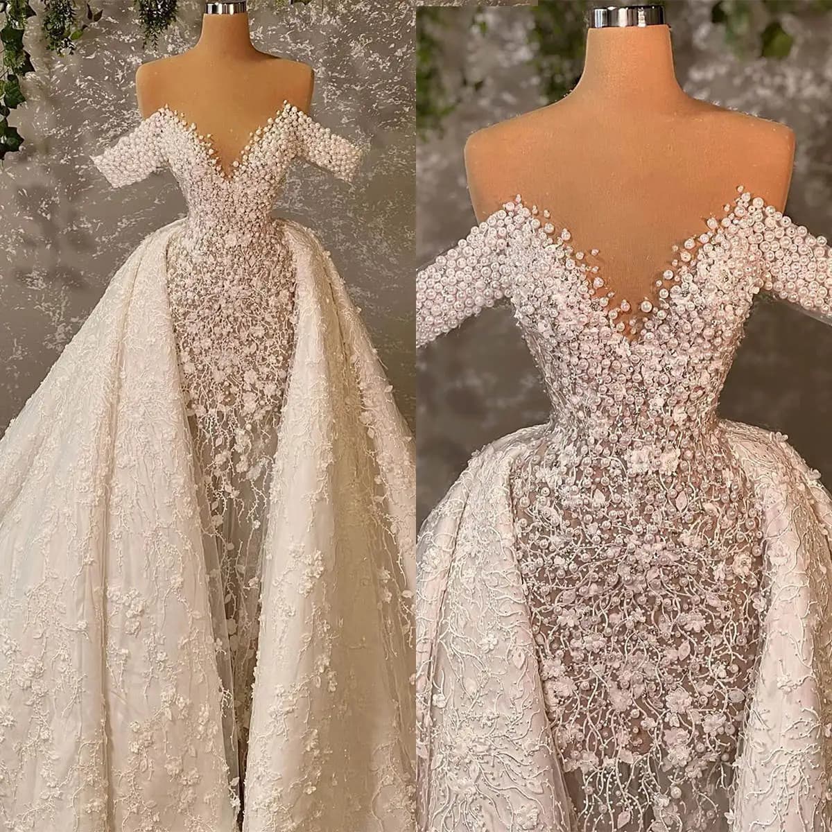 Exquisite Wedding Dress Mermaid Strapless Off Shoulder Pearls Appliques Detachable Train Bride Gown Vestido De Noiva Custom Made