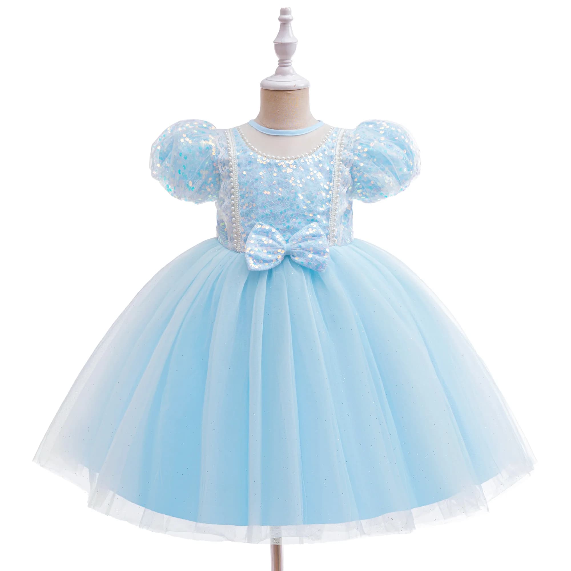Cinderella Sequin Party Girls Dresses Elegant Short Sleeve Wedding Birthday Princess Dress for Girl Bow Bridemaid Prom Costumes