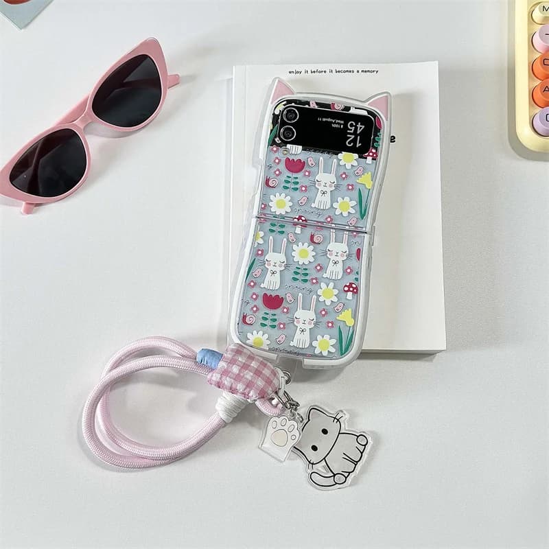 Phone Cases For Samsung Galaxy Z Flip 6 5 4 3 ZFlip6 Z Flip6 ZFlip 6 Cute Flower Cat Bracelet Cat Ears Shockproof Back Cover