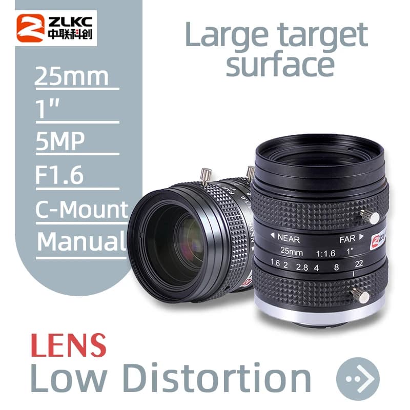 ZLKC 25mm FA Lens 5MP 1 Inch Sensor Size F1.6 Manual Iris Low Distortion C Mount Lens Machine Vision for 4K CCTV Camera