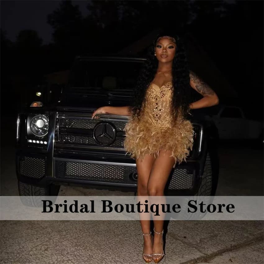 Sparkly Gold Short Prom Dress 2024 Glitter Bead Crystals Feathers Cocktail Gown Birthday Party Gown Homecoming Customized