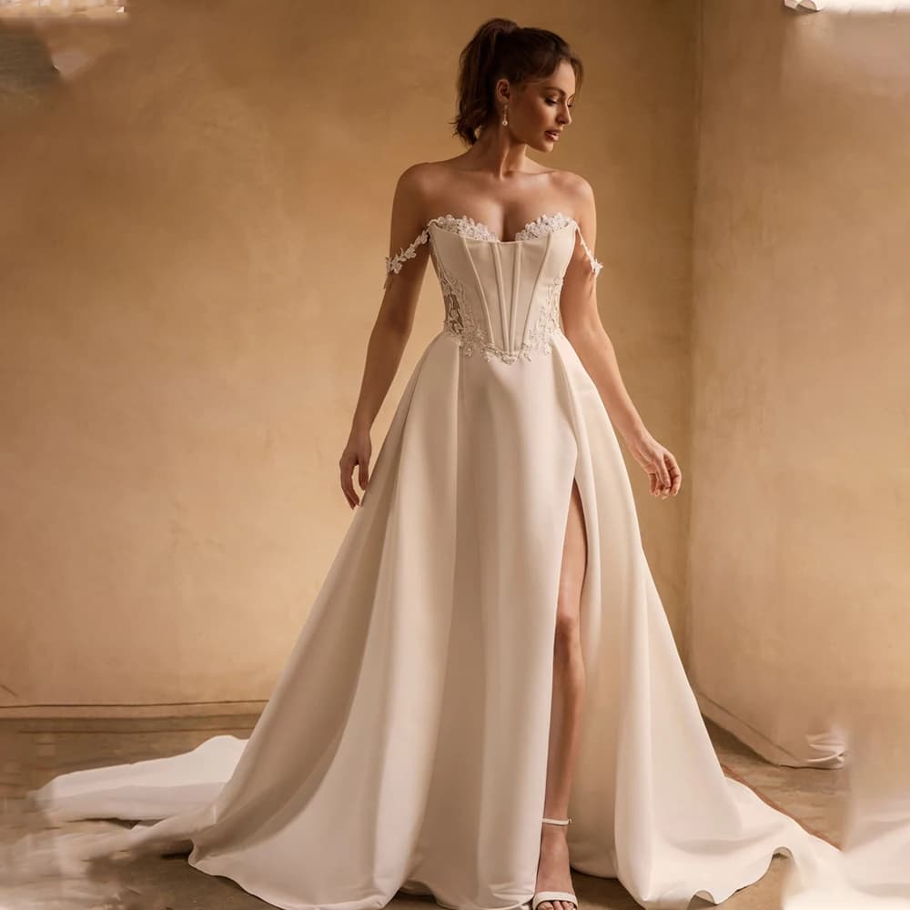 Elegant Two Strapls Lace Applique Sweethert Satin  A Line Wedding Dresses Custom Made Bridal Grown Vestido De Noival