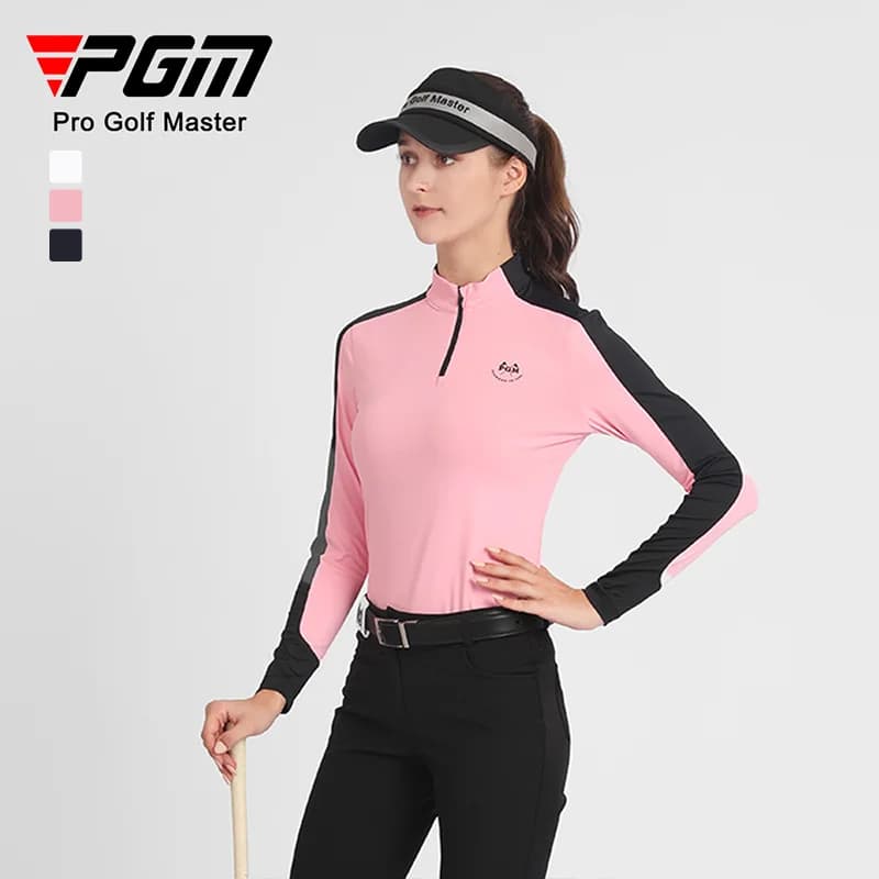 PGM's New Golf Women's Long Sleeved Top with Contrasting Zipper and Color Blocked T-shirt, Slim Fit and Slimming Effect