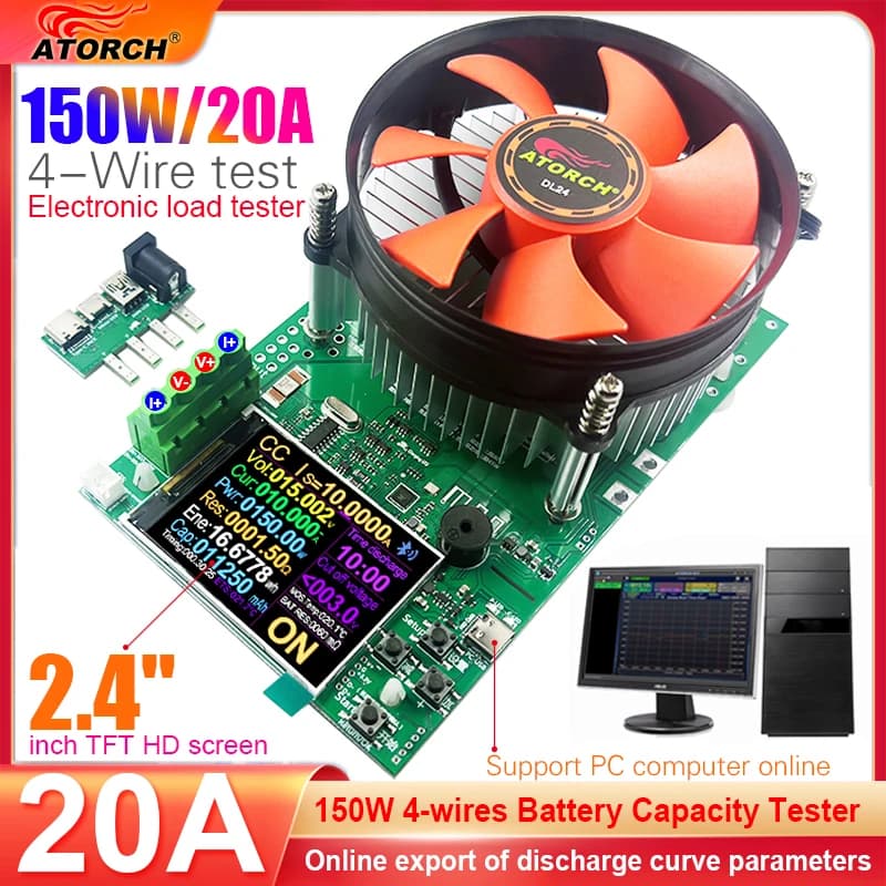 150W 4-wires Battery Capacity Tester 2.4 Inch TFT Color Screen CNC Type Electronic Load Power Discharge Tester with EU Adapter