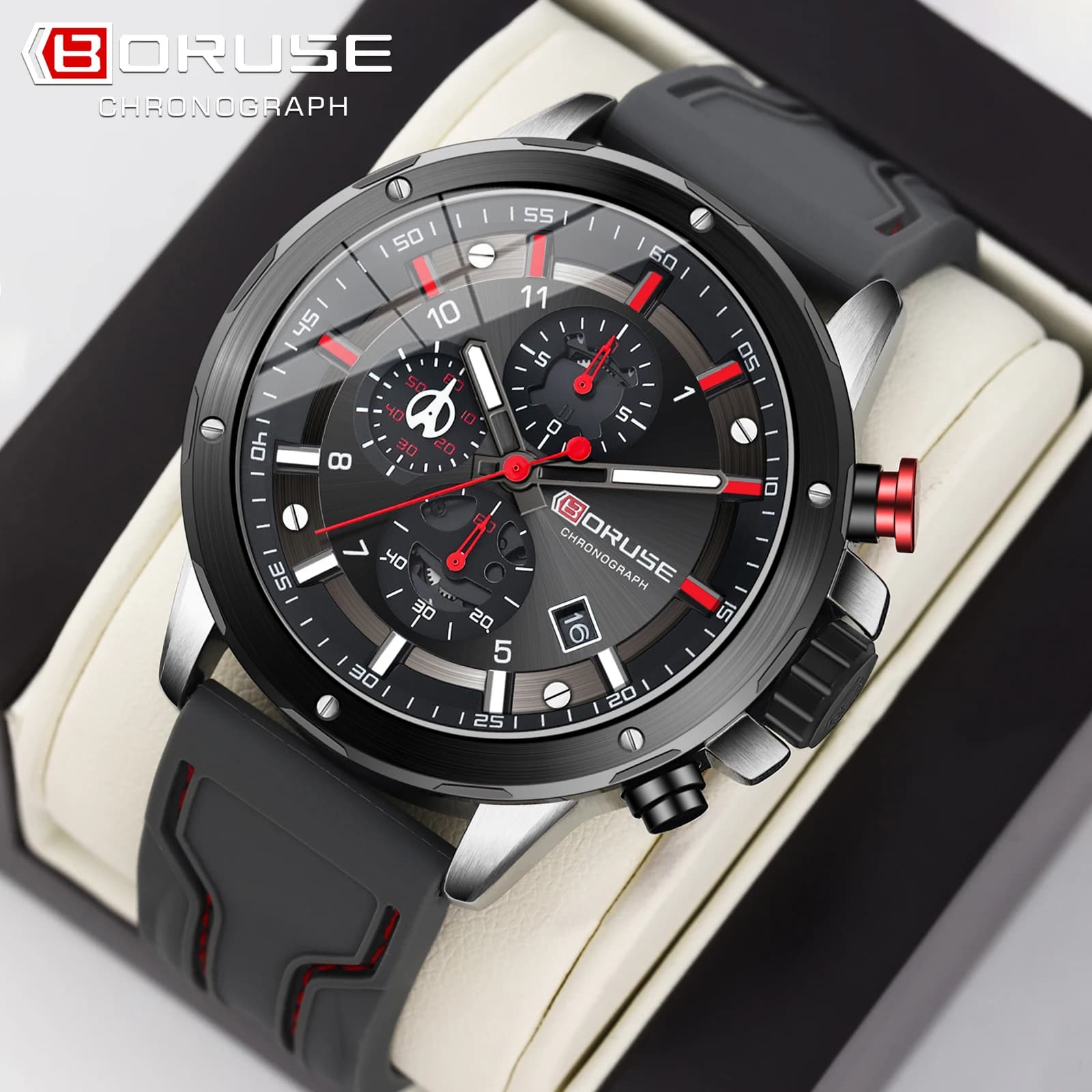 BORUSE Fashion Chronograph Watches for Men Luxury Luminous Sports Men ​Waterproof Quartz Watch Digital WristWatch