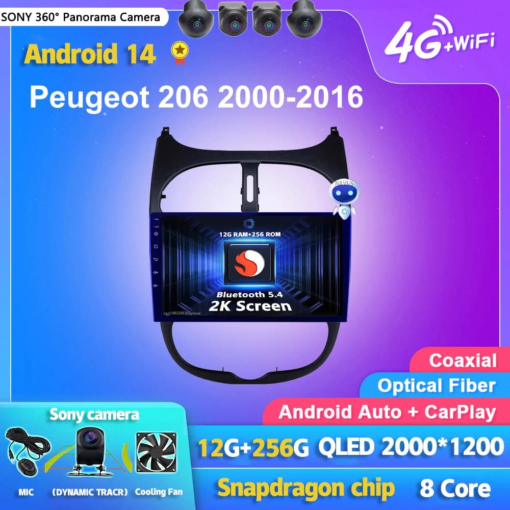 Android 14 Carplay Auto 2K Screen Car Radio BT Multimedia Player For Peugeot 206 2001 - 2008 Autoradio GPS Stereo 2din Head Unit