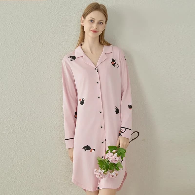 Spring Autumn Female Casual Night Dress Ladies Modal Cotton Nightgown Women Long Sleeve Turn-down Collar Cardigan Sleepshirt