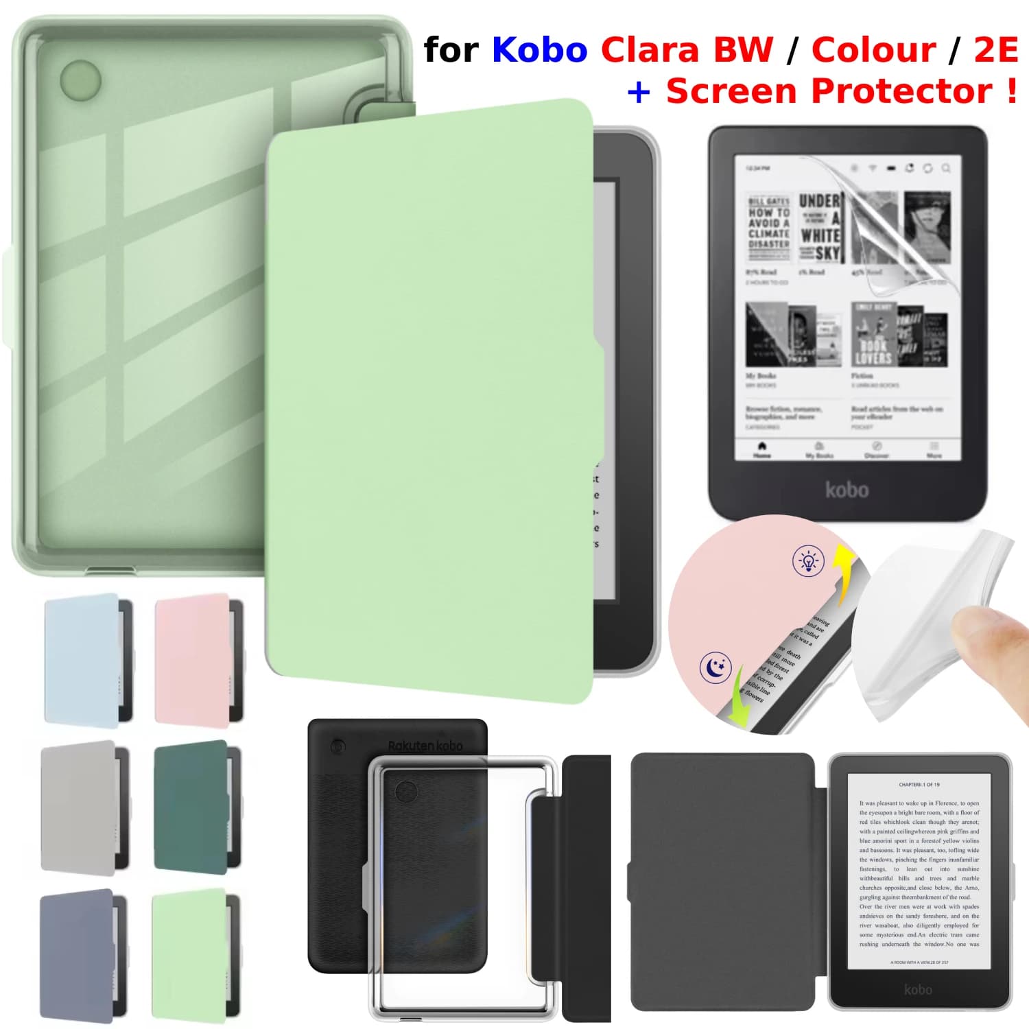 For Kobo Clara BW Case Colour 2E  + Screen Protector Auto Sleep Leather Magnetic Cover Transparent Acrylic Case 6'' ebook Funda