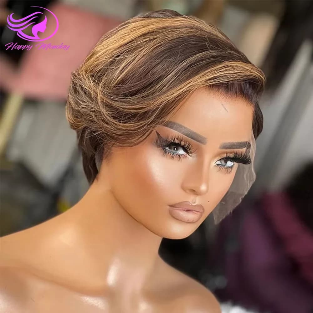 13X4 Transparent Lace Frontal Wig For Women 4/27 Highlight Straight Pixie Cut Wig Bob Wig Pixie Cut Wig Straight Human Hair Wig