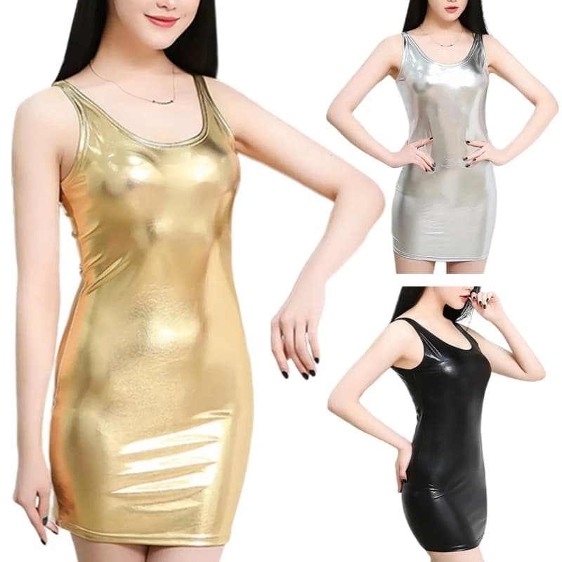 Pu Leather Dress for Women Tight Bodycon Dress Mini Party Club Dress Metallic Wetlook Dress Sleeveless Short Dress