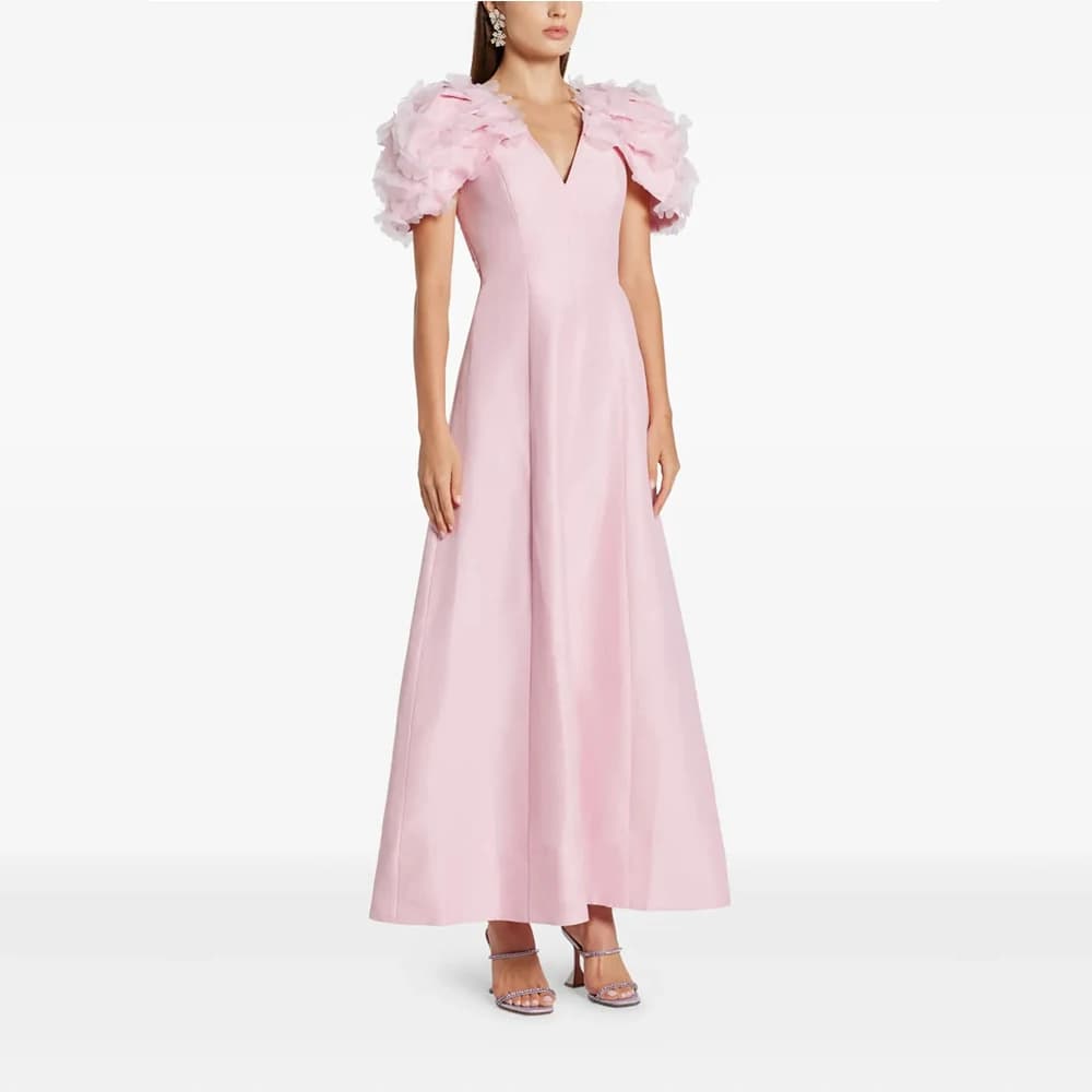 Modern Pink V Neck Satin Evening Gown A Line  Ankel Length  Prom Dress Pleat Formal Party Dress Cap Sleeves Saudi Dress