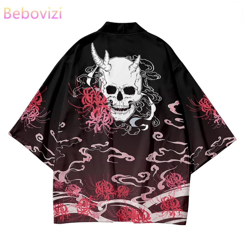 Casual Loose Black Skeleton Print Cardigan Kimono Summer Beach Women Men Haori Yukata Streetwear Traditional Samurai Clothes