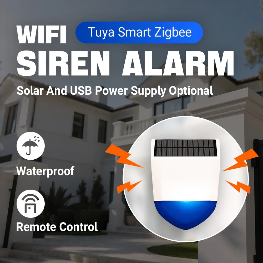Tuya Smart Zigbee/Wifi Siren Alarm Waterproof Outdoor with Solar/USB Power, 95dB Loud, Remote Control Wireless App Control​​