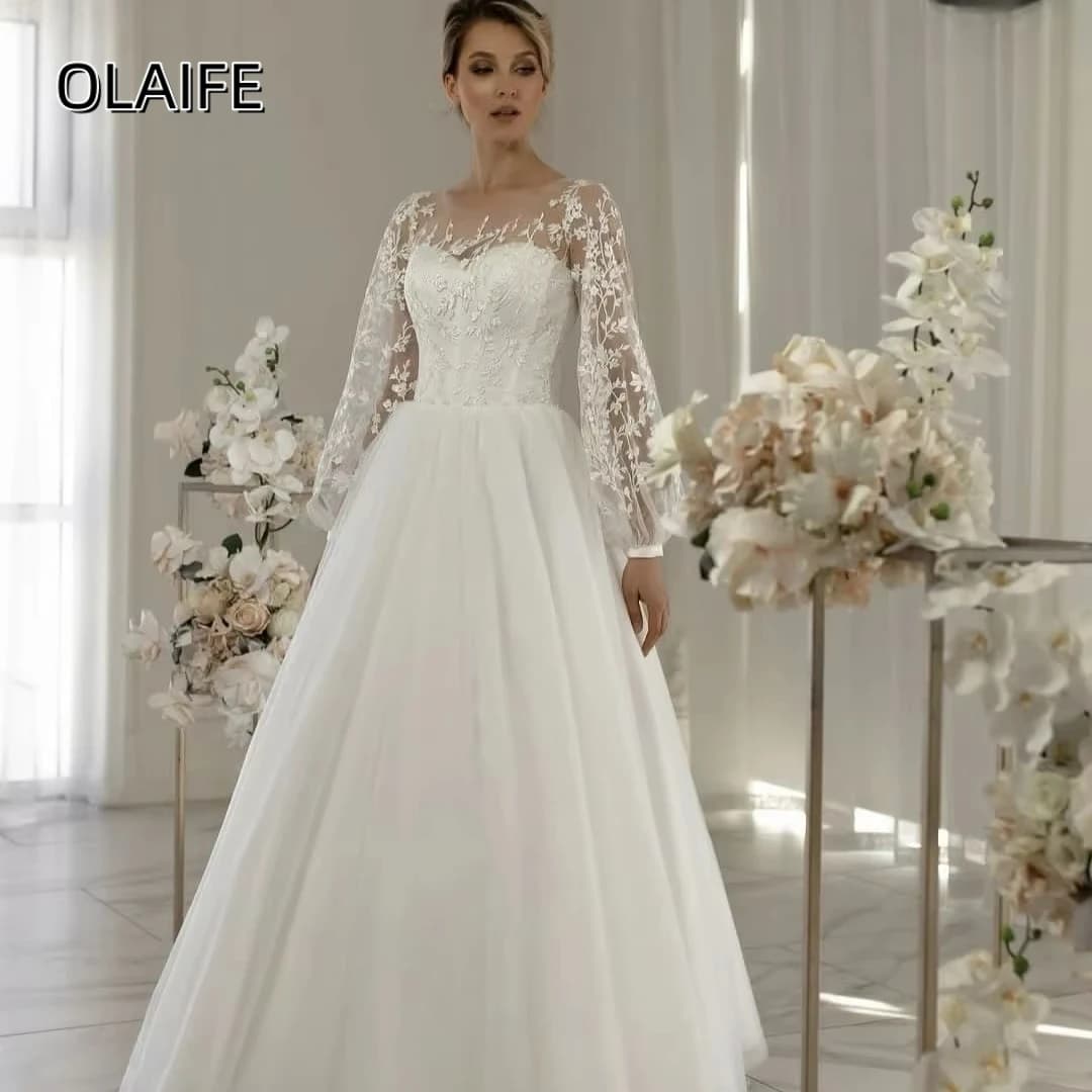 Olaife Wedding Dresses Lace Appliques Corset Back Tulle Bridal Gowns Puff Sleeves A-Line Floor Length vestidos de novia