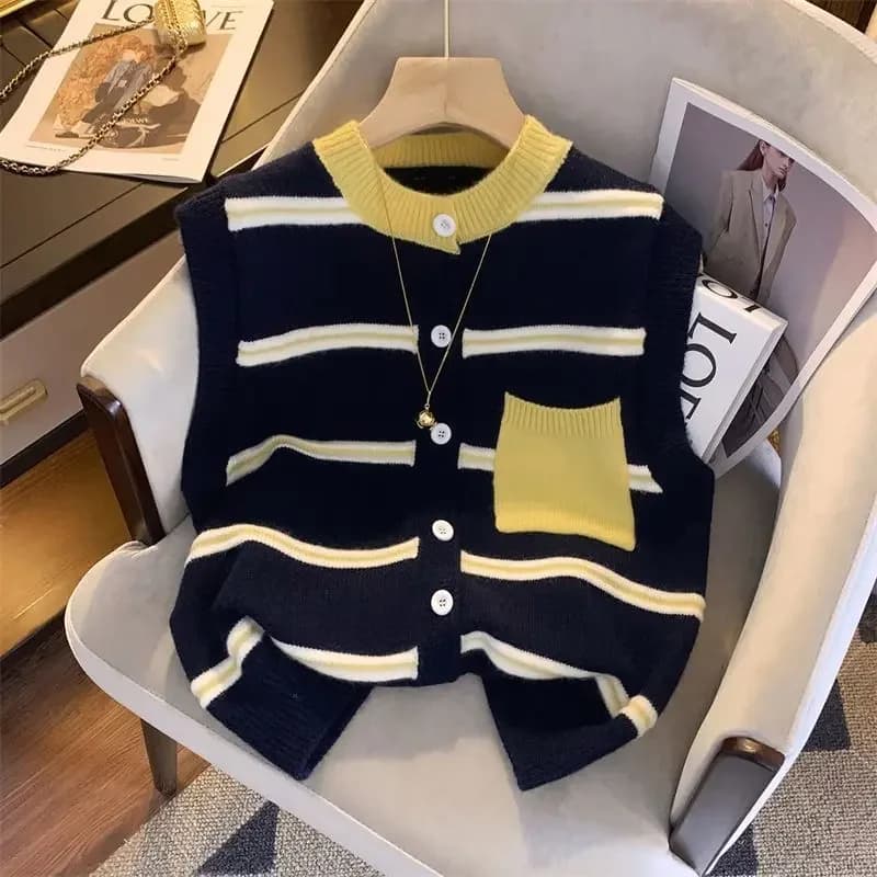 Knitted Spliced Button Round-neck Cardigan Striped Layering Loose Elegant Small Fragrant  Waistcoat