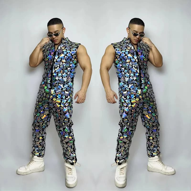 Men Hip Hop Stage Performance Costume Silver Laser Mirror Sleeveless Jumpsuit Jazz Dance Sequins Overalls Bar Party Rompers