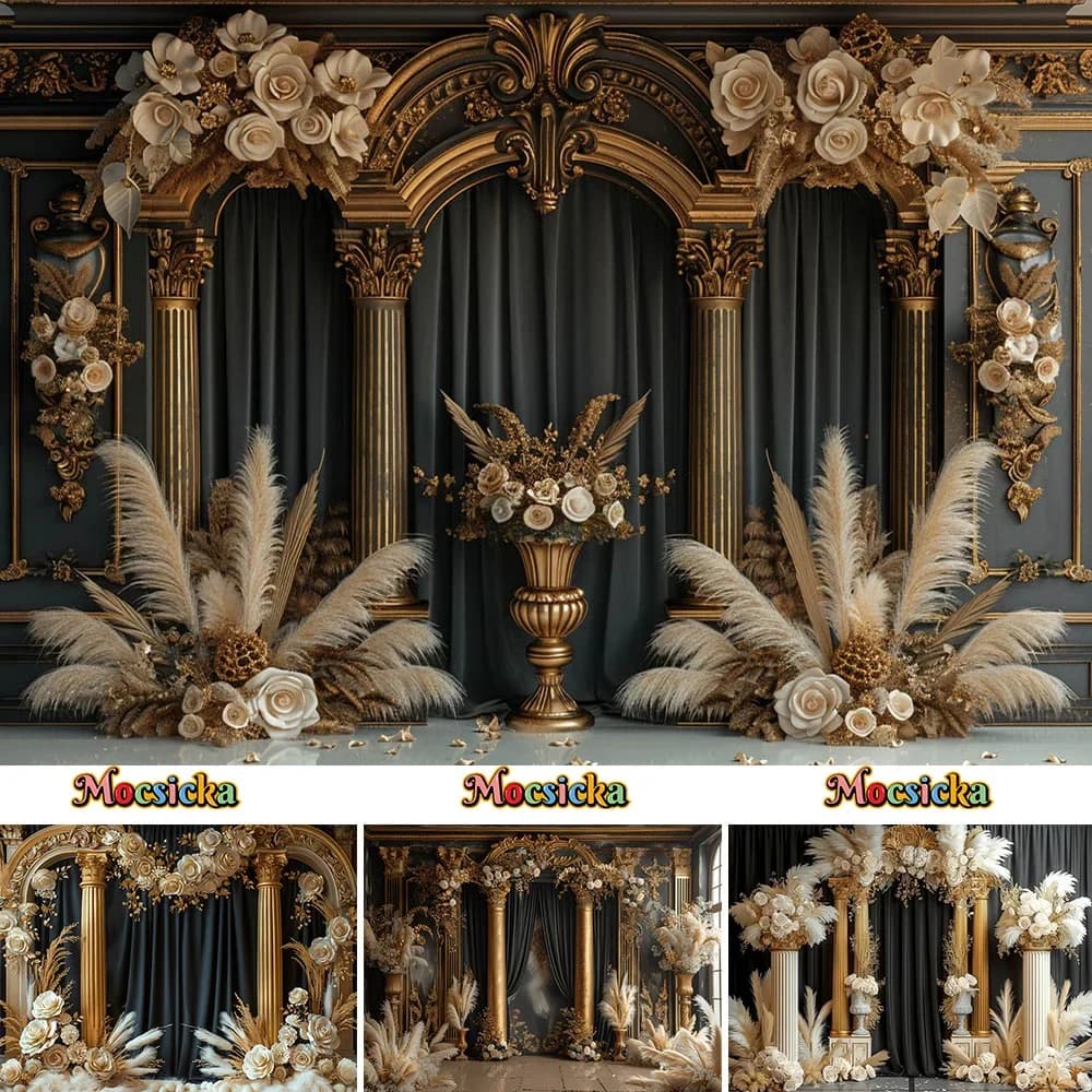Boho Wedding Party Background Golden Pillar Black Curtain Backdrop Pampas Grass Floral Decor Girl Birthday Portrait Photo Studio
