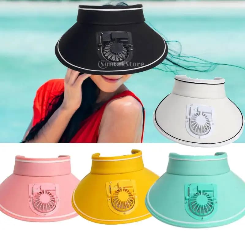 Sun Visor Hat with Fan Casual Lightweight Large Brim Large Area Sun Protection Sun Hat Built in Fan for Kids Adults Sports Beach