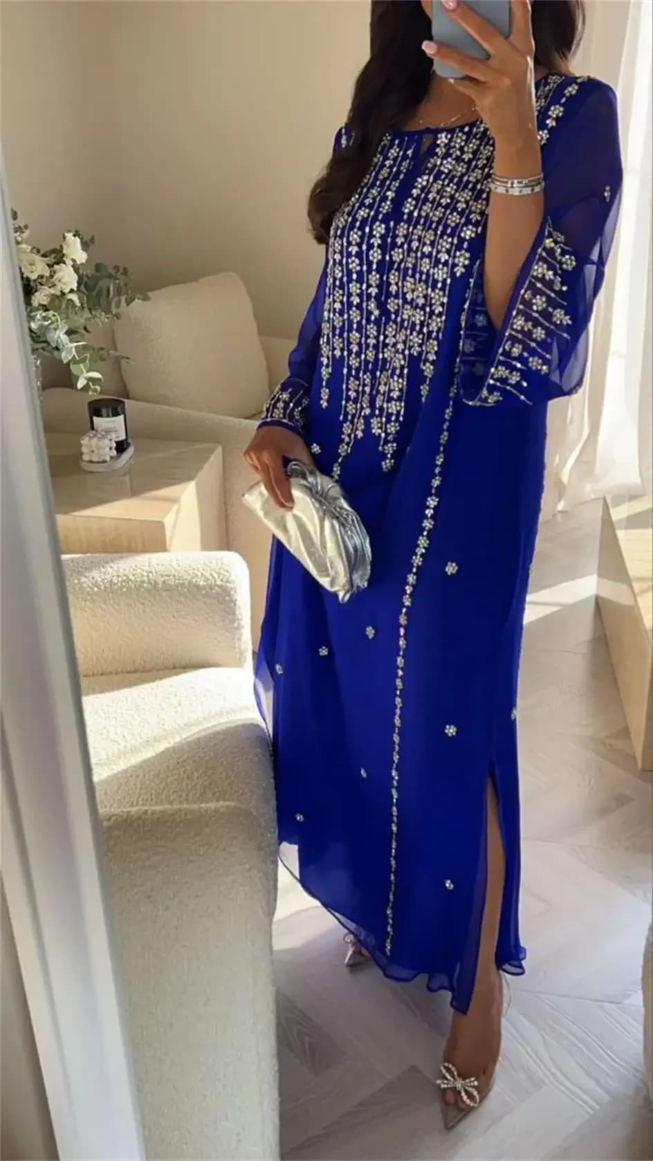 Customized Long Sleeves Evening Dresses Beadings A-line Chiffon Ankle Length Prom Dresses Luxury Party Dresses for Special Ocn