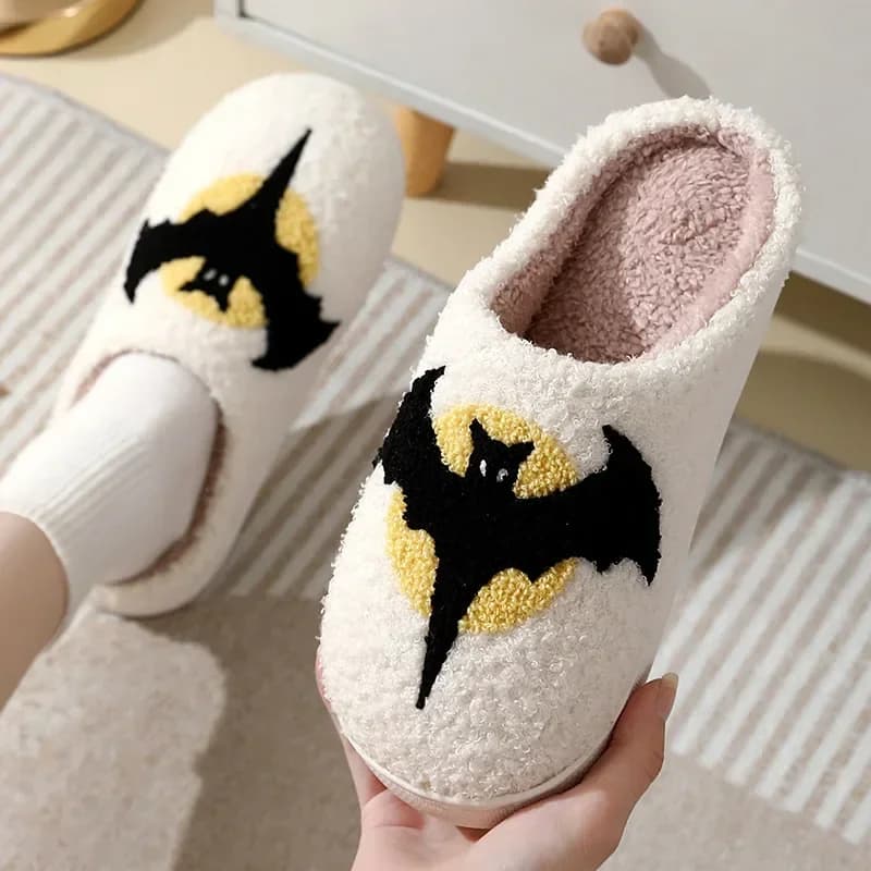 Halloween Bat Slippers Men Women Cartoon Plush Warm Winter Cotton Shoes Couple Fashion Home Flat Shoes Soft Comfortable