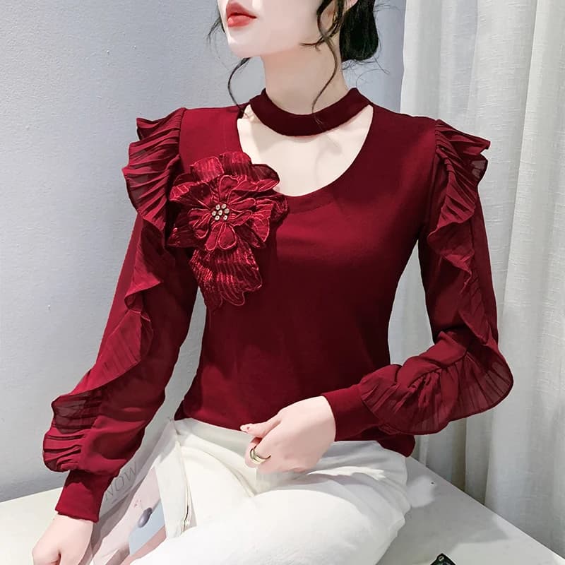 Korean Version Cotton 3D-demension Ruffles Female Autumn Winter Woman Pullover T-shirt Stand Collar Splicing Flowers Solid