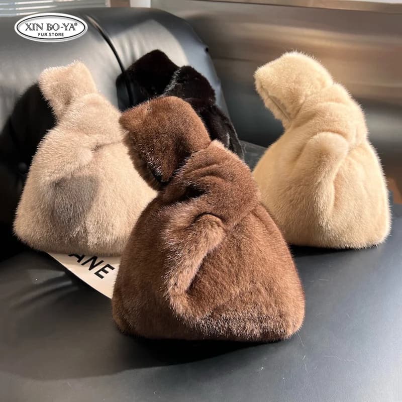 Fur Women's Handbag Bag Luxury Mink Fur Bags Warm Plush Wrist Bags For Women Fashion Furry Short Handle Clutch Ladies Purses