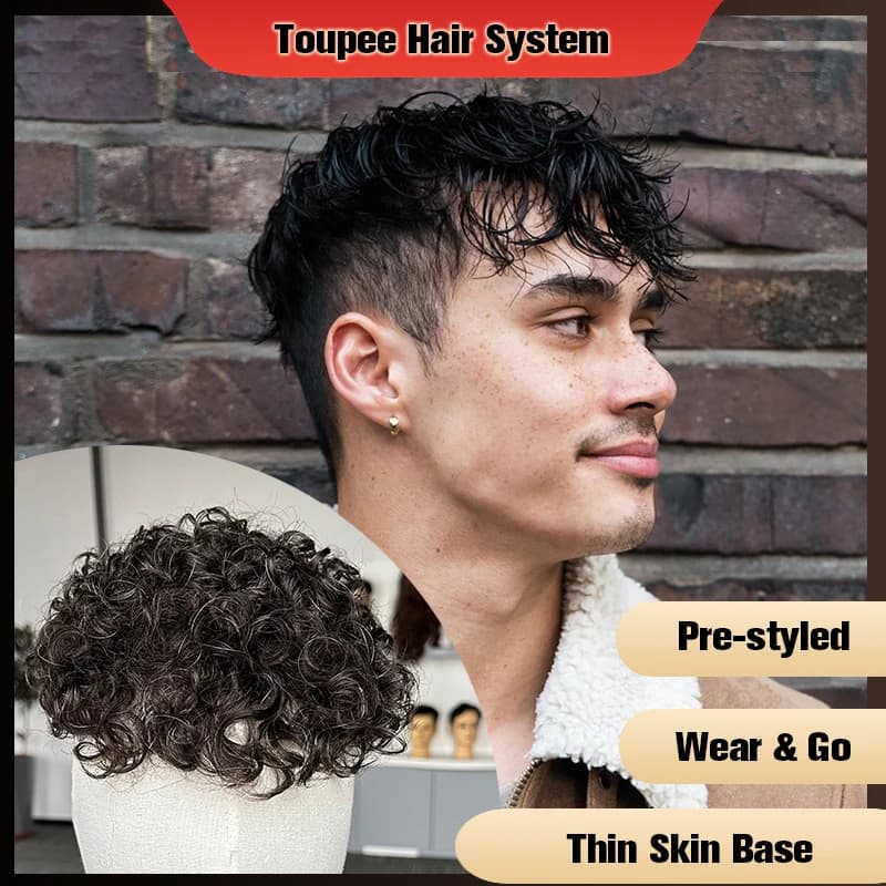 Natural Curly Pre Styled Men Toupee Thin Skin 18mm Human Hairpieces #220 Color Hair Replacement System Protesis Hombre Male Wig