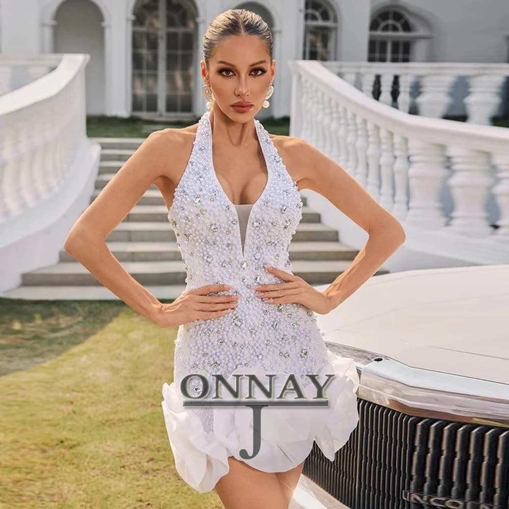 Customized Stylish Halter Prom Dresses Pearls Lacing Up for Women Saudi Arabric Gala Pageant Bespoke Gown Vestidos De Fiesta