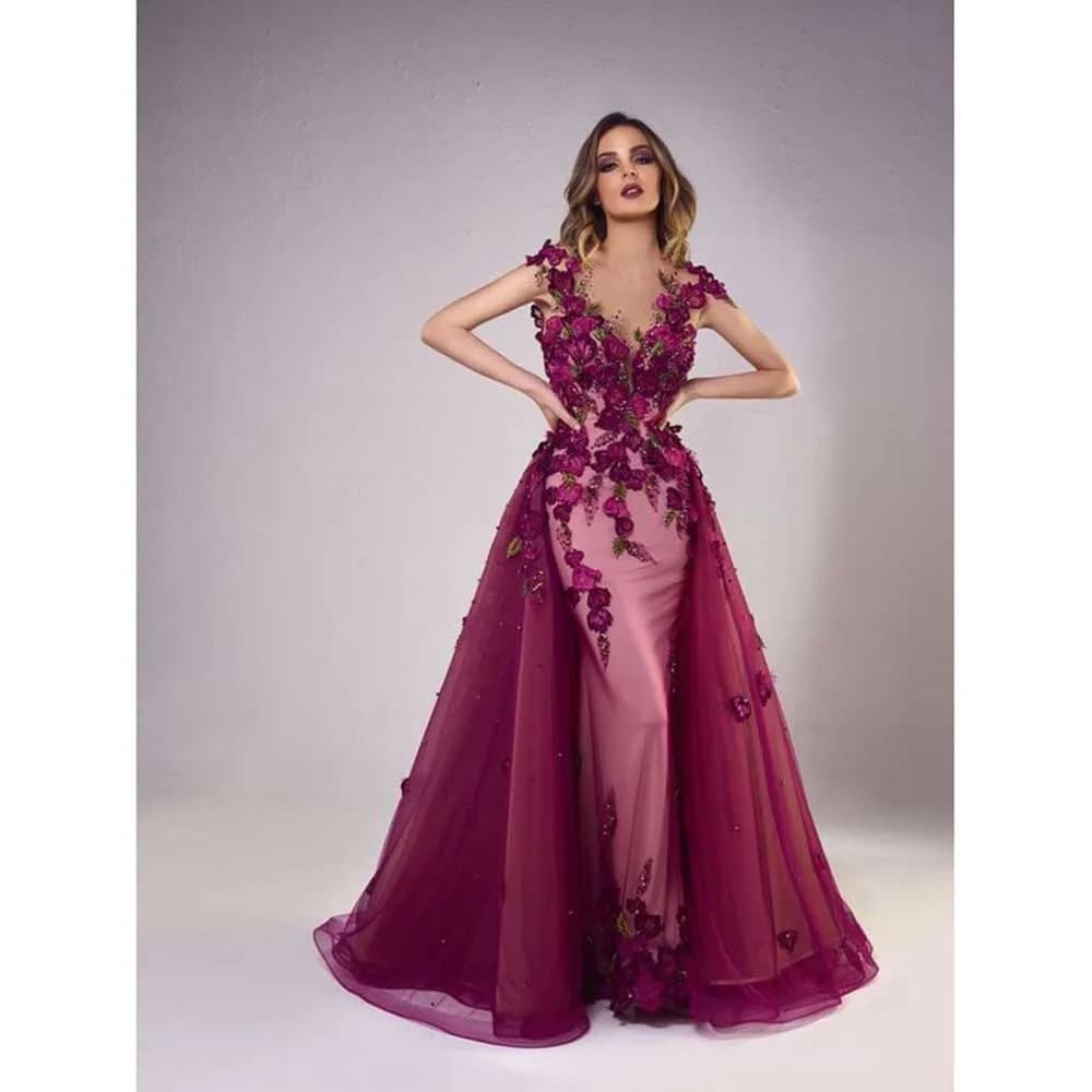 Exquisite Purplish Red Women Prom Dresses Spaghetti Strap Sweetheart A-Line Floor Length Fancy Flowers Smart Evening Party Gowns