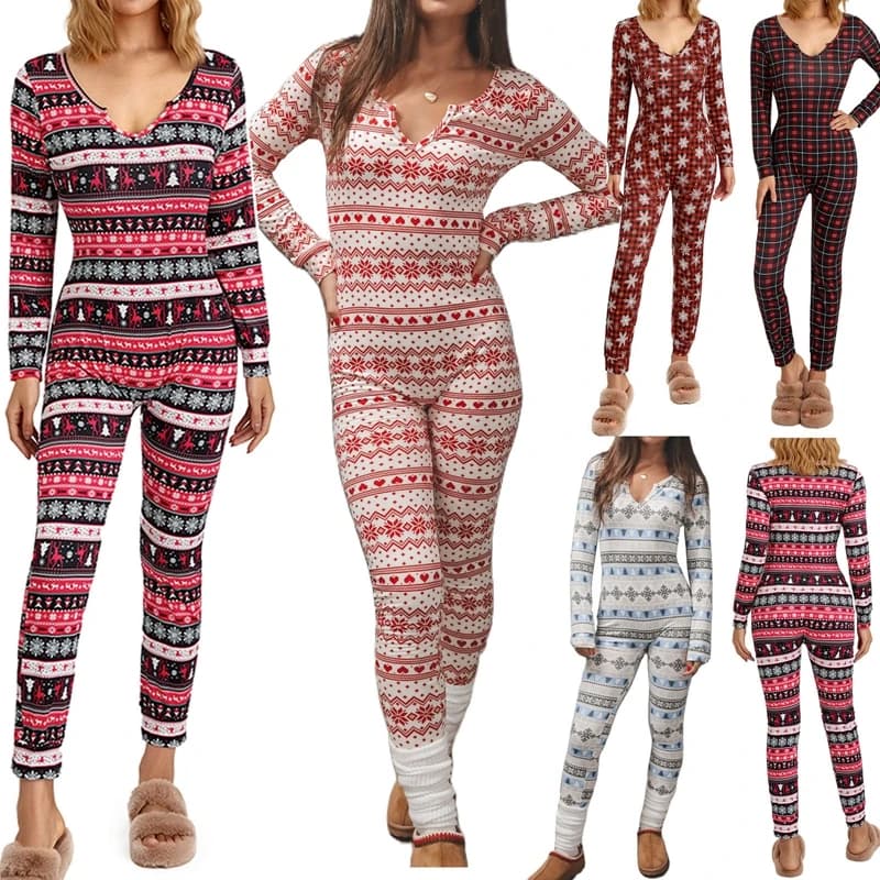 Women's Christmas Pajamas Romper Long Sleeve Zip Up Jumpsuit Button Bodycon Bodysuit Snowflake Plaid Print Loungewear
