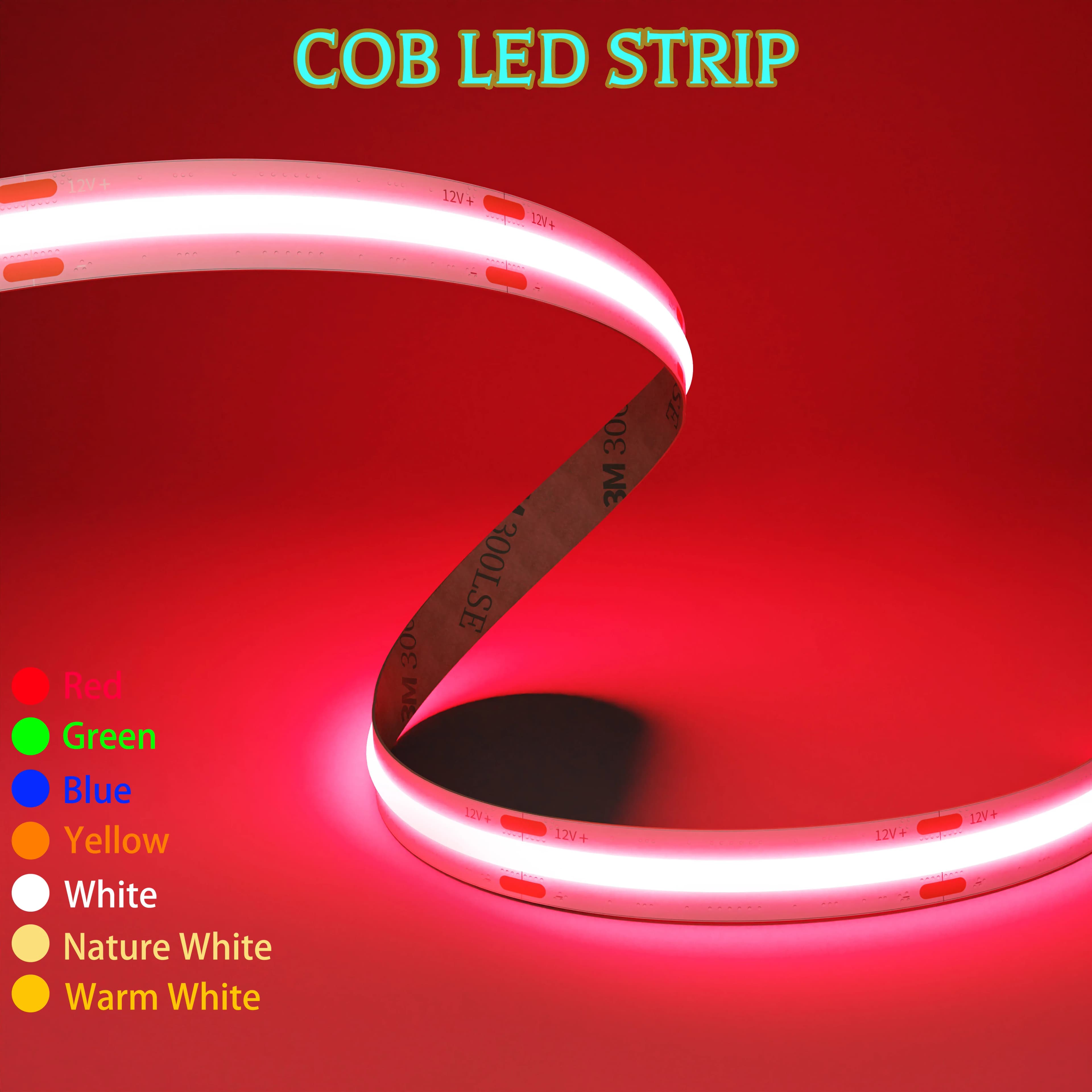 COB LED Strip Light High Density Linear Lighting 480/528Leds/m Flexible Tape Warm Natural White Red Blue Green Decor DC12/24V