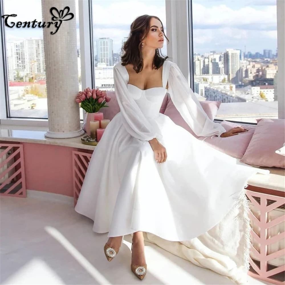 Short Wedding Dress for Women Bride Long Sleeve Sweetheart Tea Length Chiffon Satin Bridal Gowns Civil Customized
