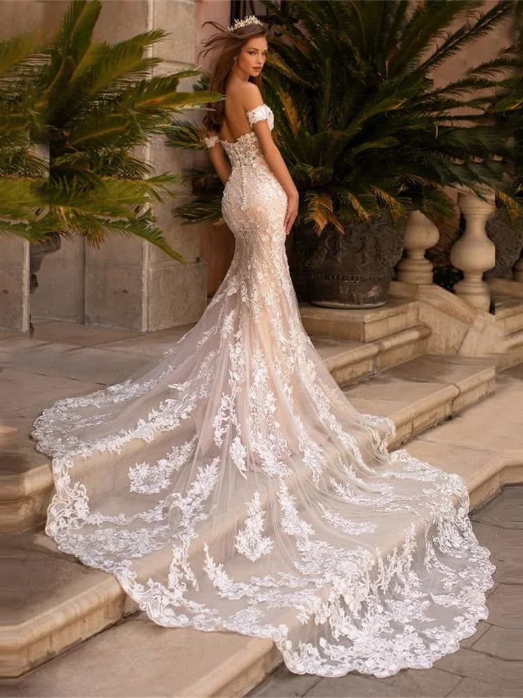 Luxury Off Shoulder Mermaid Wedding Dress Sweetheart Appliques Backless Button Bridal Gown Boho Vestido De Novia