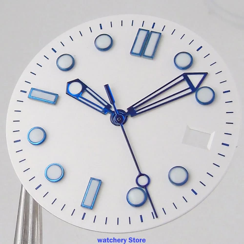 31mm Sterile Watch Dial Hands Set Green Luminous Fit NH35A Automatic Movt Black Blue White Face Date Window Watch Repair Tools