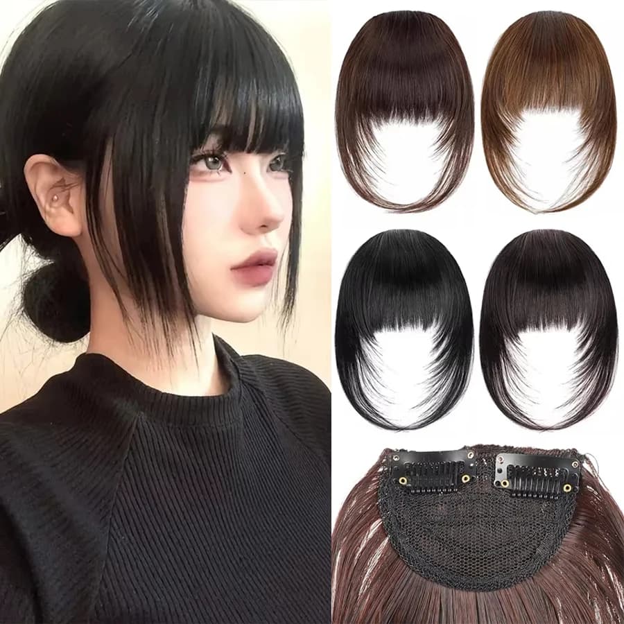 Women's Straight Synthetic Hair Extensions with Layered Bangs Side-Swept Bangs Natural-Looking Hairpiece for Versatile Styling