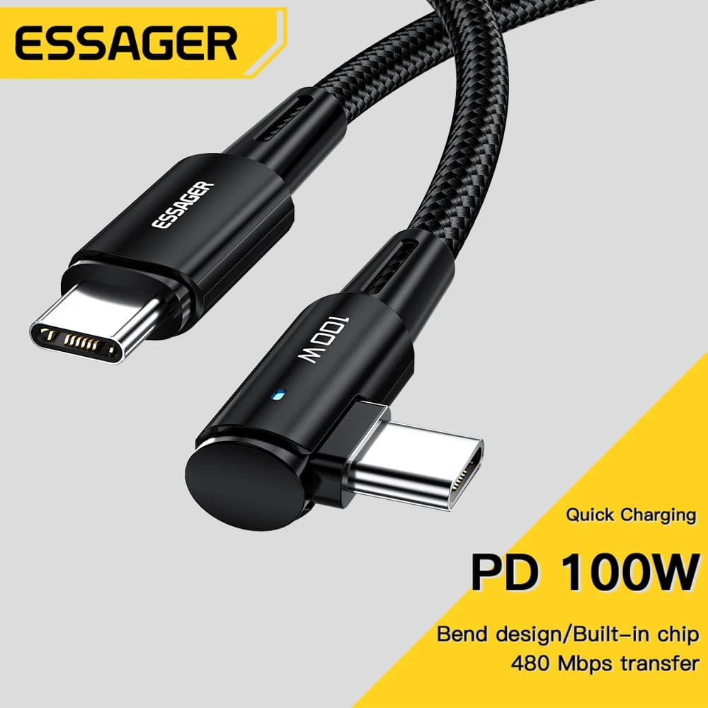 Essager USB C To Type C Cable PD100W Fast Charger 90 Degree Angle Charging Cord Wire For iPhone 16 Samsung Huawei Macbook iPad