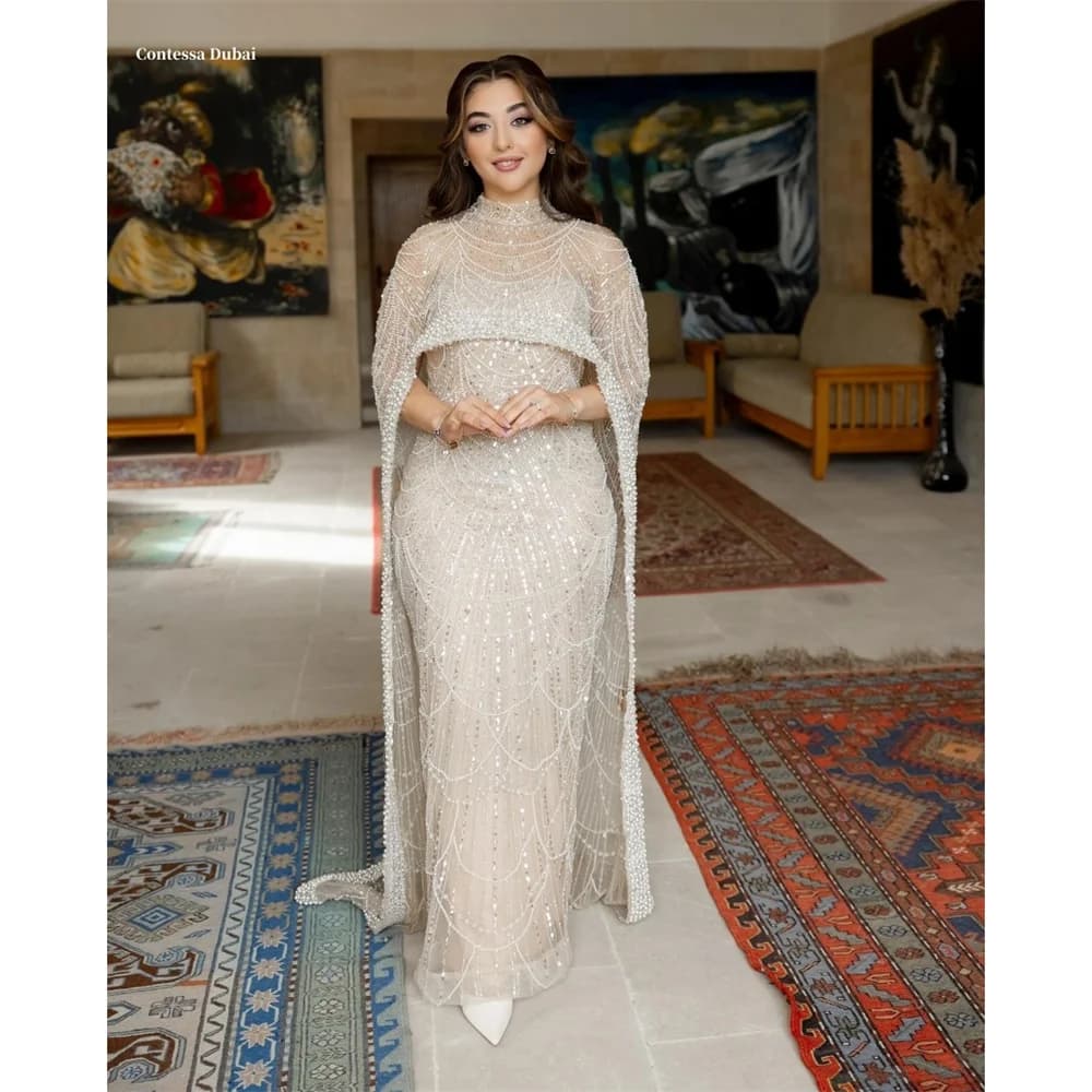 Contessa Dubai White Sequin Beading Shawl Prom Dress Sleeveless vestidos de noche Trailing Formal Evening فساتين سهرة Customized