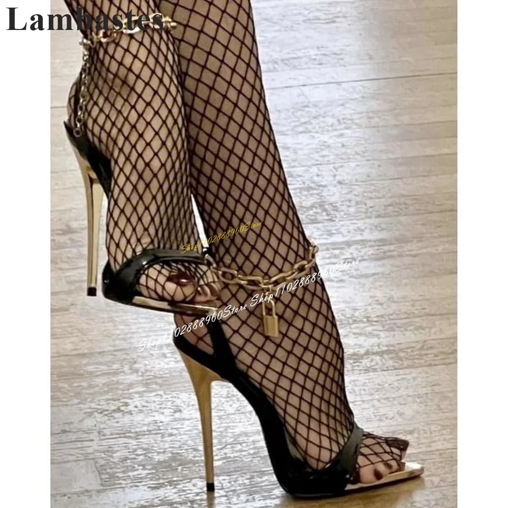 Stylish Black Metallic Heel Chain Lock Sandals Thin High Heel Women Shoes Metal Chain Open Toe 2024 Sexy Zapatos Para Mujere