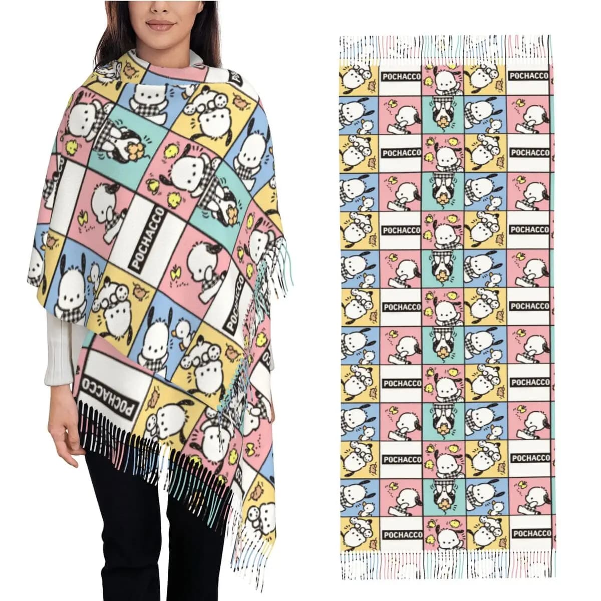 Pochacco Paterrn Cartoon Dog Cute Scarf Keep Warm Shawls and Wrap with Tassel Women Retro Head Scarves Winter Designer Bandana