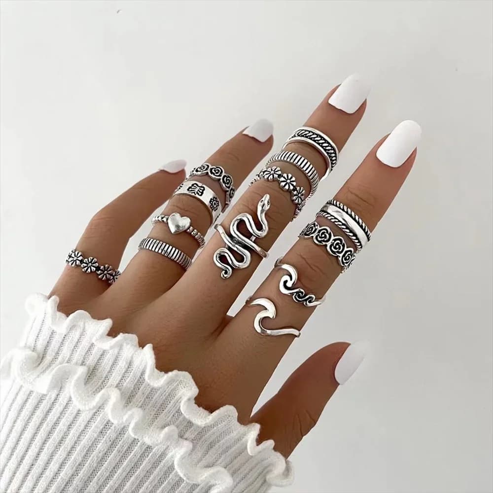 Fashion Silver-plate Snake Flower Heart Shape Geometry Set Ring For Women Boho Vintage Trendy Personality Rings Jewelry Gift