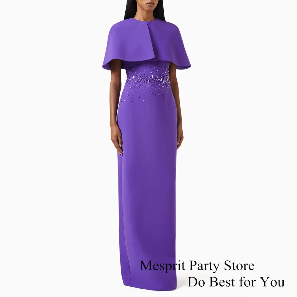 Lavender Evening Dress with Cape Customized Square Neck Sleeveless Beading Sequined Prom Dresses Back Slit Arabic Party Gown