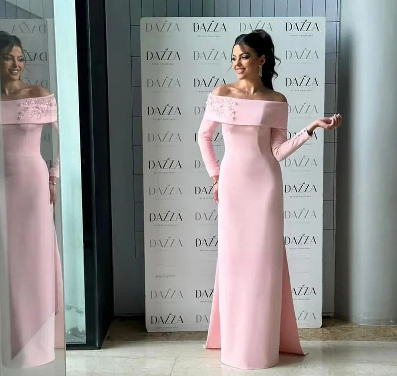 Saudi Arabia Crepe Satin Prom Dresses Off-Shoulder Dress Long Sleeves Evening Dress Formal Women Wedding Party Gownscustomized