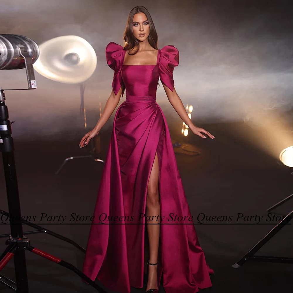 Elegant Satin Evening Dress Puff Sleeves Square Neck Ruched Pleat High Split Prom Gown Sweep Train Celebrity Party Dresses