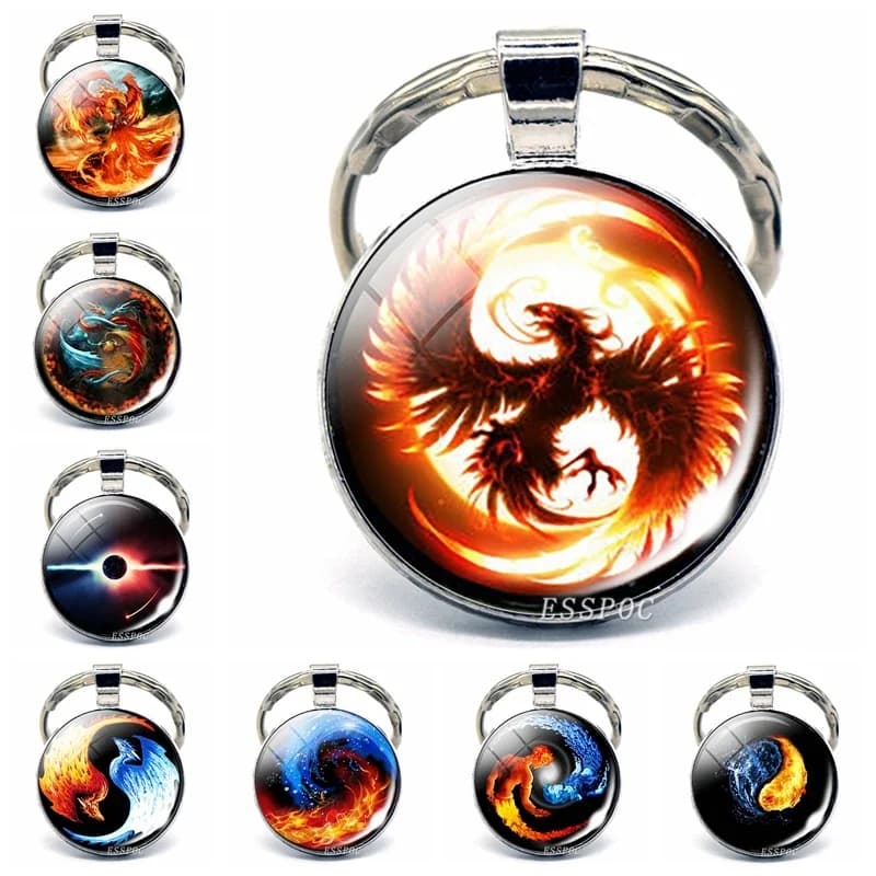 Phoenix Keychain Steampunk Yin Yang Jewelry Glass Cabochon Keyring Metal Fashion Accessories for Men Women Valentines Gift