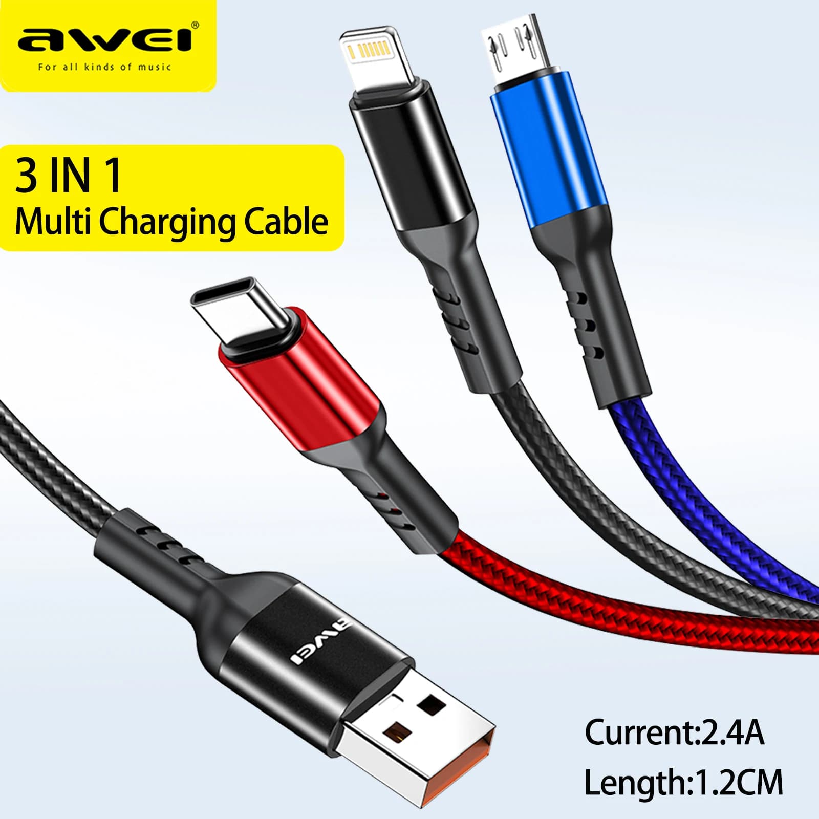 Awei CL-971 3 in 1 Type C Fast Charging Cable 2.4A USB Micro Charger Phone Cables Braided Wire For iPhone iPad Xiaomi Huawei