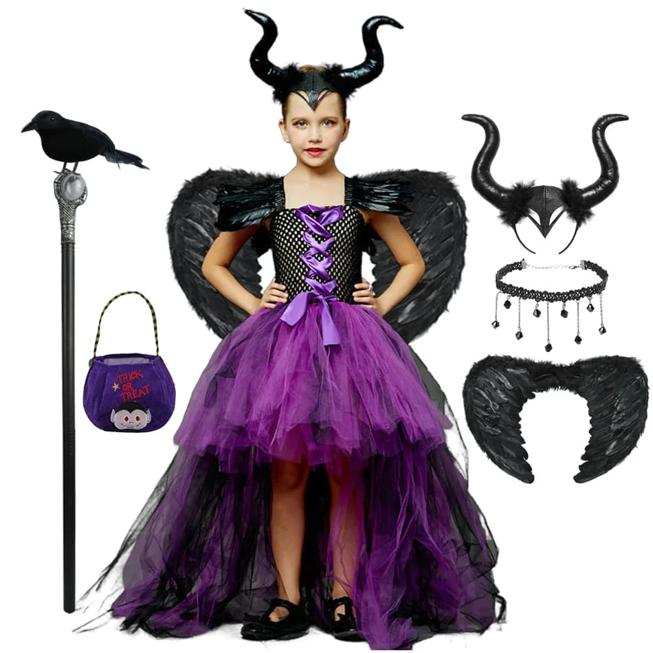 Halloween Children Costume Tulle Dress Girls Cosplay Vestidos Party Evil Queen Mesh Princess Dress Kids Crow Wand