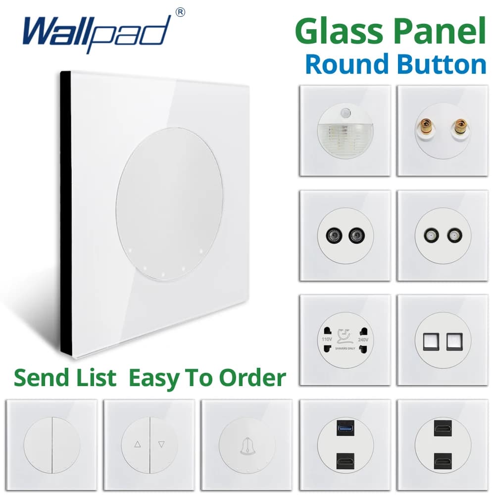 Wallpad Wall Switch and Socket White Reset 3 Way Glass Panel Round Button USB EU UK Electric Outlet TV TEL RJ45 Sat HDMI