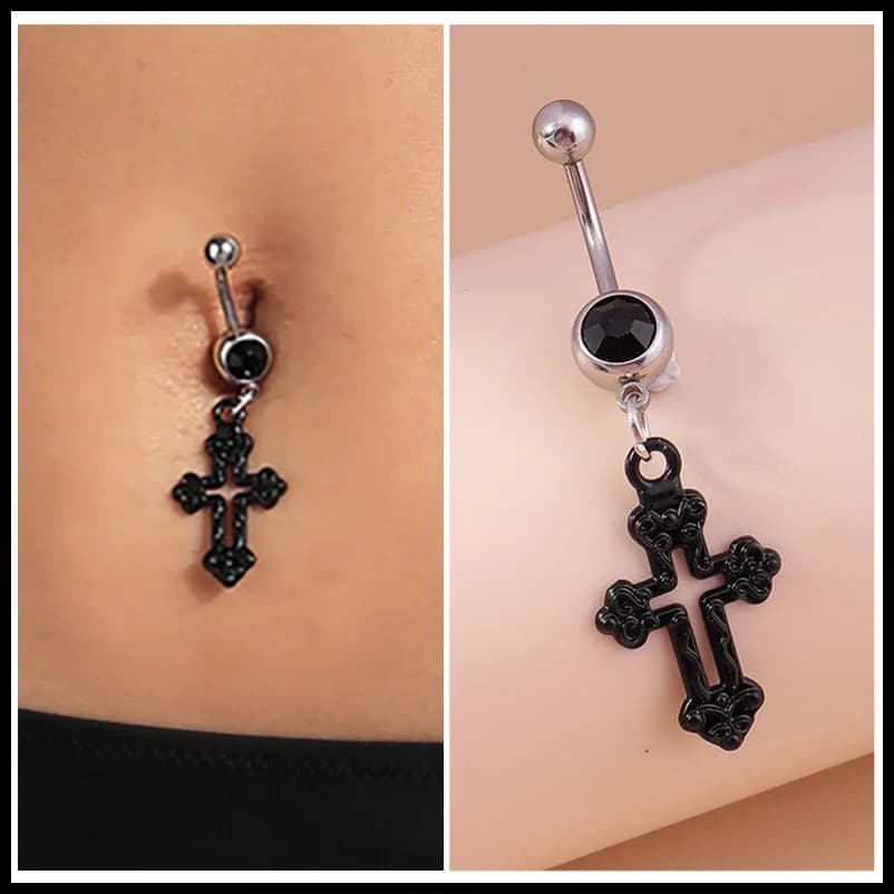 Aihua Steampunk Black Hollow Cross Dangle Navel Ring Surgical Steel Belly Button Ring Gothic Piercing Ombligo Oreja Body Jewelry