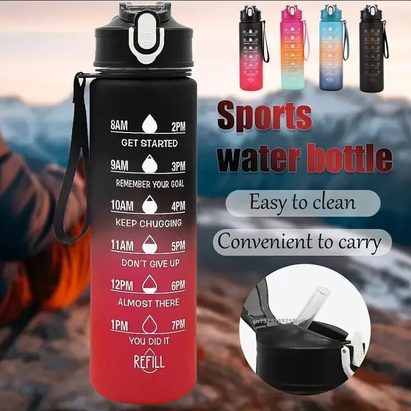 Sports Water Bottle with Straw Time-Tracking Leak Proof Locking Flip Cover Gym Bottle Easy Carry Ideal for Outdoor Adventures