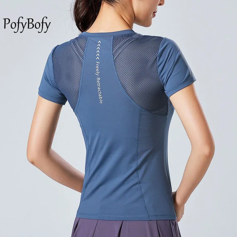 PofyBofy Mesh Stitching Reflective Strip Back Quick Dry Elastic Breathable Basic Short Sleeve Yoga T-shirt Women Gym Fitness Top